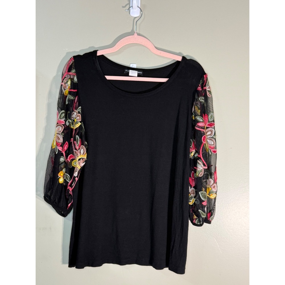 Kim & Cami Black Floral Embroidered Mesh Sleeve Knit Top Large